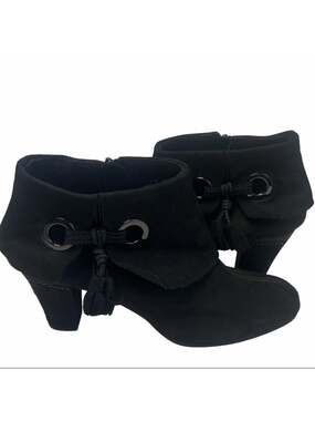 Antra Black Leather Fold Over Covered Heel Tie On Side Booties Ankle Booties